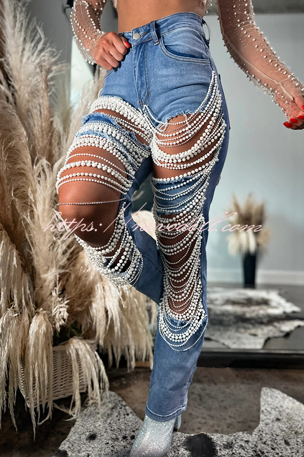 Stylish Multi-layered Pearl Chain Ripped Pocket Straight Jeans