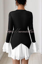 Fashionable Contrast Color Panel Long Sleeve Ruffled Mini Dress
