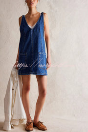 Solid Color Sleeveless V-neck Pocket Adjustable Denim Suspender Mini Dress