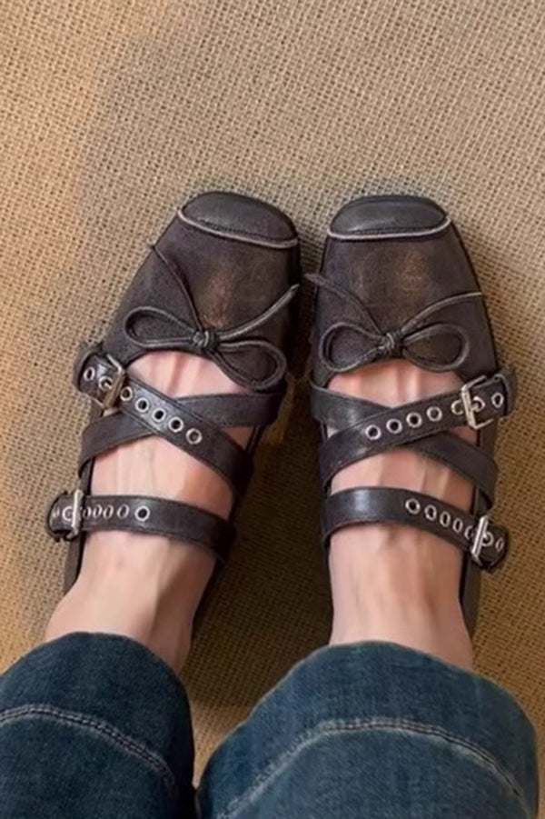 Bow Cross Strap Square Toe Ballet Flats
