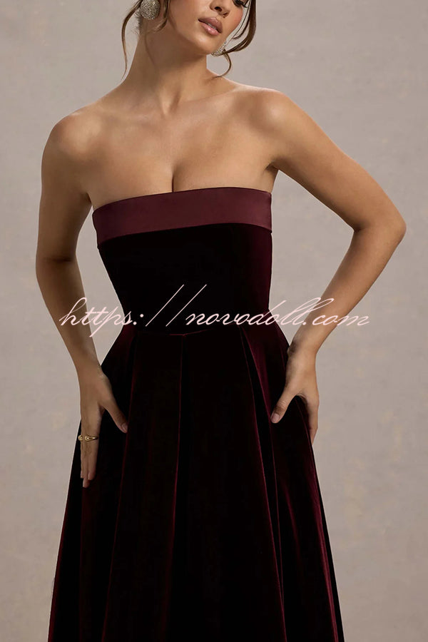 Center of Attention Velvet Satin Neck Bandeau Pleated Midi Dress