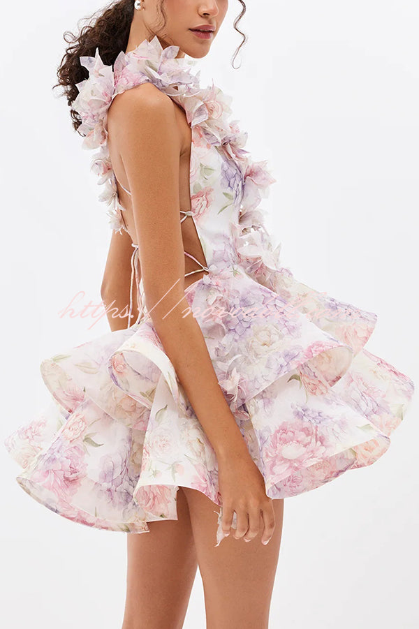 Floral Print V-neck Halter Back Tie Double Layer Mini Dress