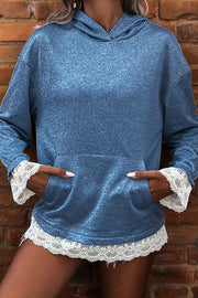 Stylish Lace-trimmed Long-sleeved Pocket Casual Hooded Sweatshirt