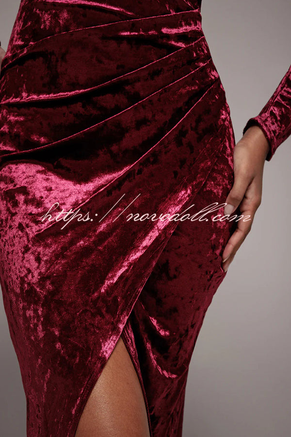 Solid Color Velvet Long-sleeved Slim-fit Slit Midi Dress