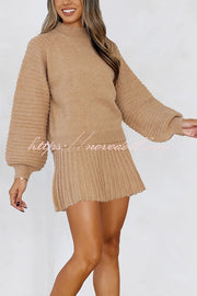 Solid Color Round Neck Puff Sleeve Loose Knit Sweater and Casual Striped Mini Skirt Set