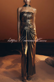 Clemence Plisse Metallic Fabric Reverse Halter Beck Strap Drape Slit Maxi Dress