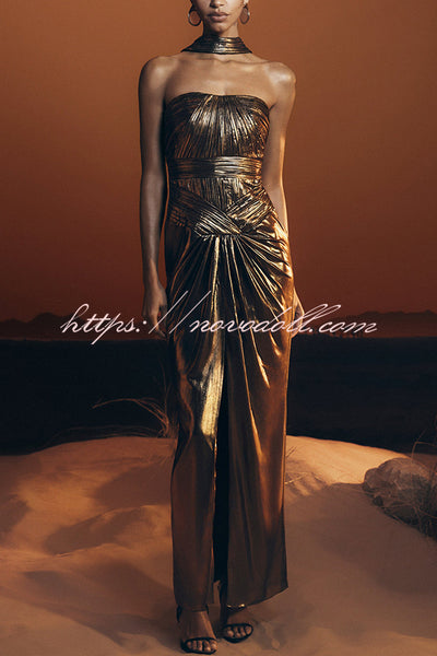 Clemence Plisse Metallic Fabric Reverse Halter Beck Strap Drape Slit Maxi Dress