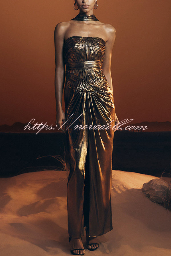 Clemence Plisse Metallic Fabric Reverse Halter Beck Strap Drape Slit Maxi Dress