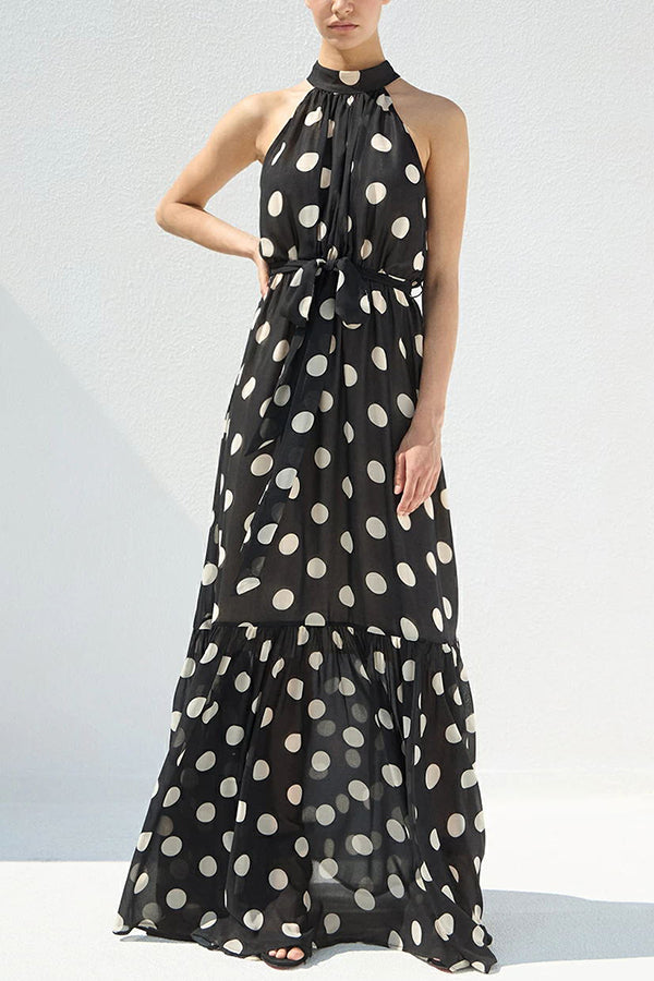 Charming Idea Polka Dots Belted Halter A-line Maxi Dress