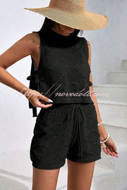 Solid Color Sleeveless Tie Knitted Vest and Loose Elastic Waist Drawstring Shorts Set