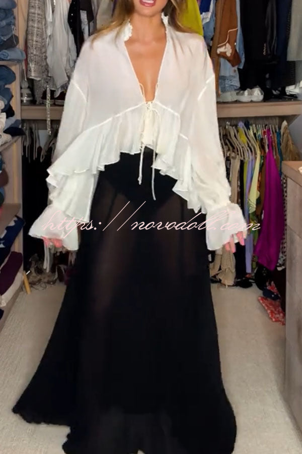 Boho Forever Chiffon Ruffles Balloon Sleeve Tie-up Blouse