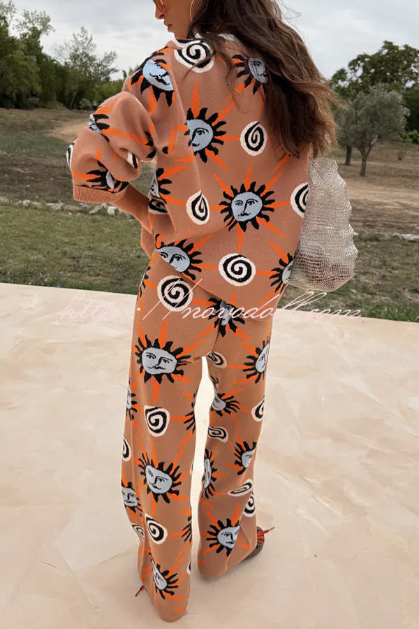 Mediterranean Art Knit Unique Sun Vortex Print Long Sleeve Relaxed Sweater