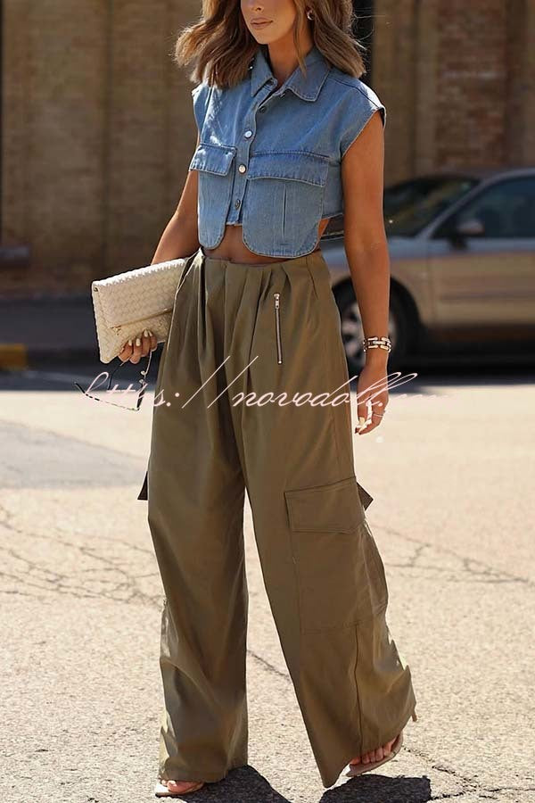 Stylish Weekend Denim Button Up Cape Sleeve Pocket Crop Top
