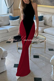 Fashionable Contrast Color Open Back Side Pleated Draped Maxi Dress