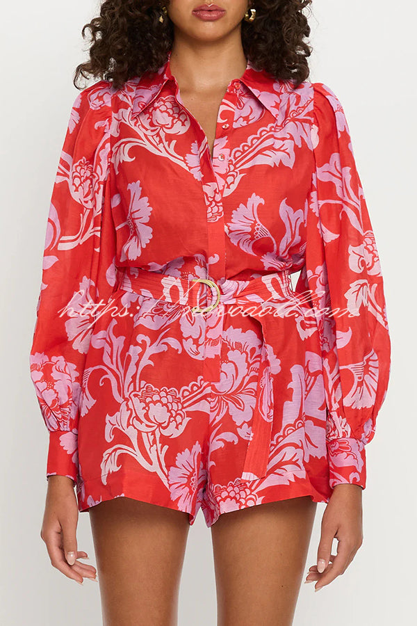 Linen Blend Botanical Print Lapel Puff Sleeve Loose Tie Casual Rompers
