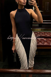 Daija Contrast Color Halter Neck Backless Side Ruched Drape Midi Dress