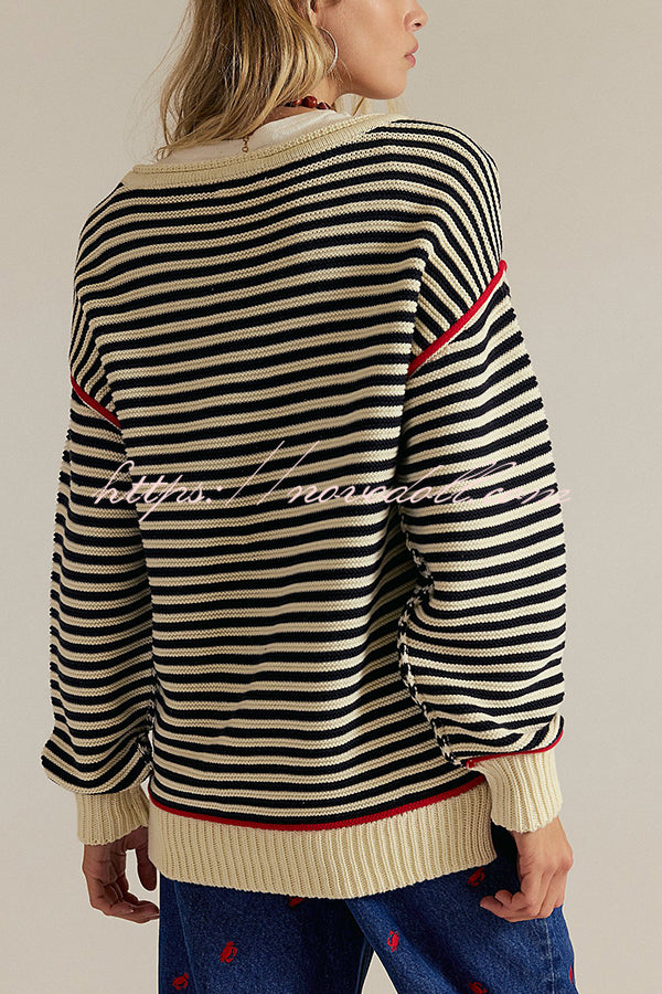 Fashion Striped Colorblock Loose Round Neck Long-sleeved Knitted Sweater