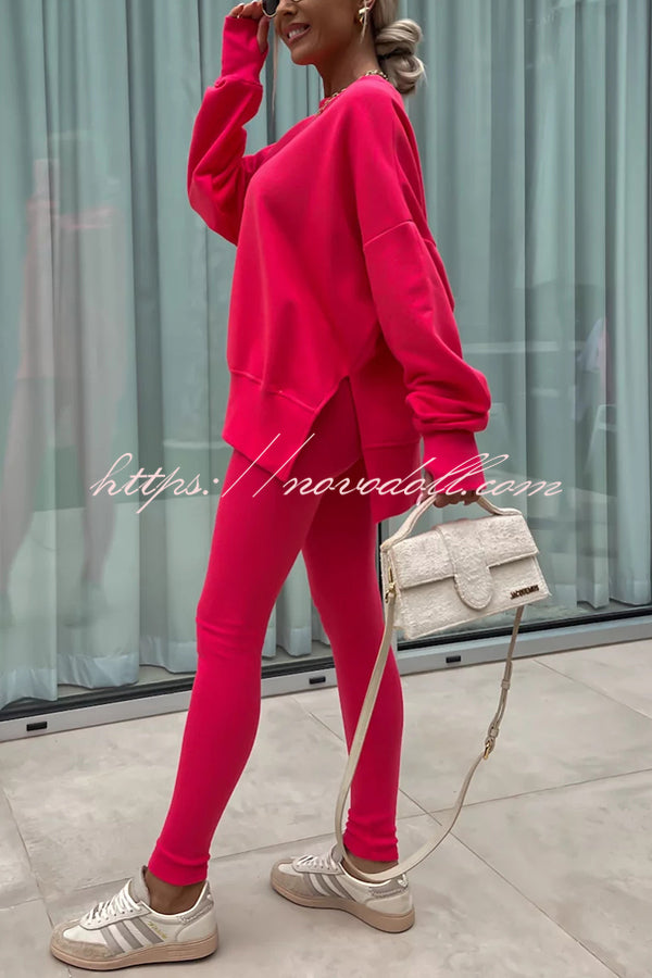 Solid Color Loose Long Sleeve SlitSweatshirt and Elastic Waist Tight Pants Set