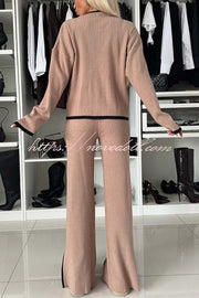 Warm Embrace Knit Ribbed Colorblock Trim Pocket Top and Stretch Slit Pants Set