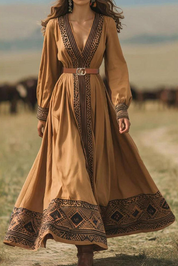 Ethnic Style Unique Print V-neck Long-sleeved Maxi Dress