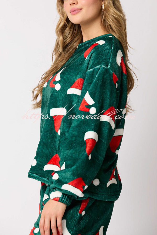 Christmas Printed Crew Neck Long Sleeve Top and Elastic Waist Loose Pants Set