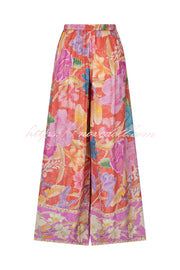 Painter's Garden Boho Floral Print  Elastic Waist Pocketed Wide Leg Pants