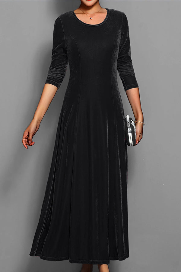 Solid Color Velvet Round Neck Long Sleeve Slim Midi Dress