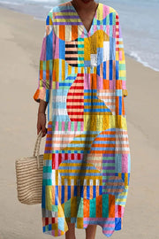 Colorful Geometric Print V-Neck Long Sleeve Loose Midi Dress