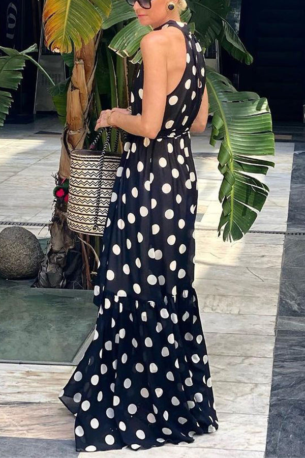 Charming Idea Polka Dots Belted Halter A-line Maxi Dress