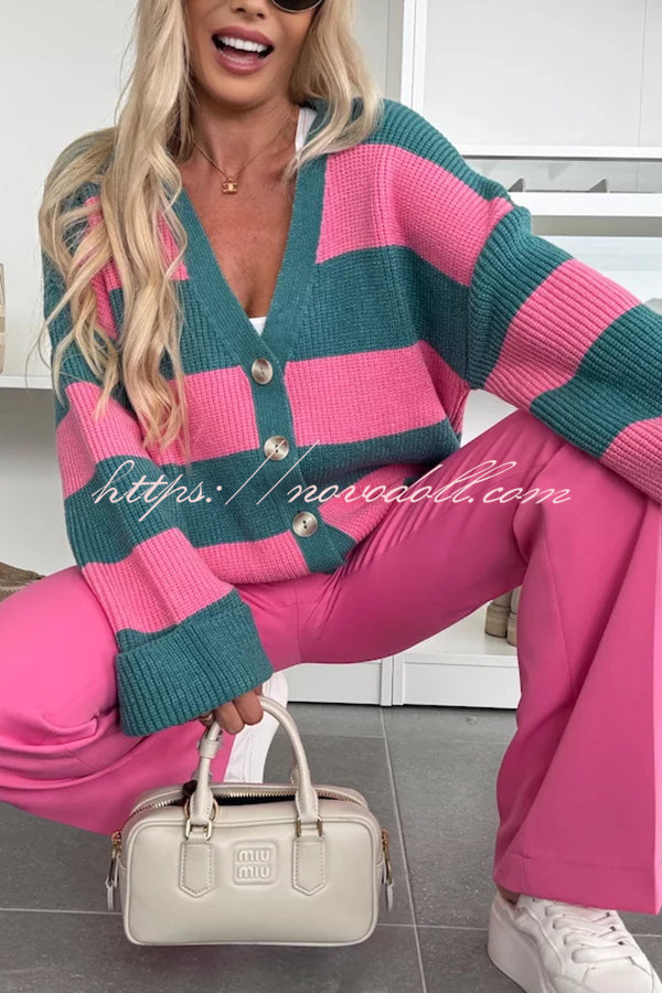 Fashion Contrast Striped Casual V-neck Long-sleeved Knitted Cardigan