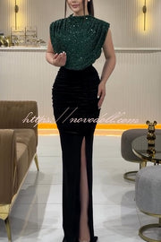 Fall Into You Sequin Velvet Patchwork Ruched Slit Stretch Maxi Dress