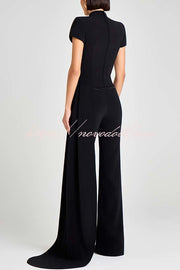 Pippa High Neck Short Sleeve Irregular Drape Hem Top and Elastic Waist Flare Pants Set