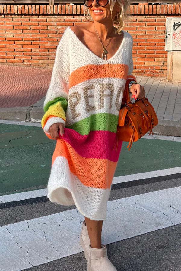 True Faith Knit Peace Pattern Color Blocks Loose Midi Sweater Dress