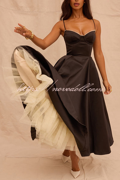 Fairytale Vibe Satin Patchwork Tulle Sweetheart Neck Pocket Stretch Midi Dress