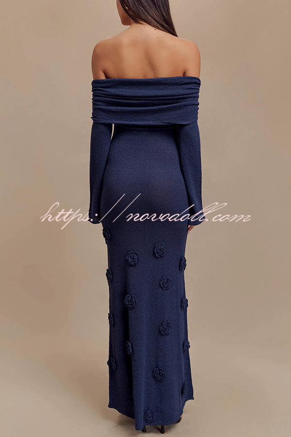 Timeless Sophistication Knit Off Shoulder Rose Detail Stretch Maxi Dress