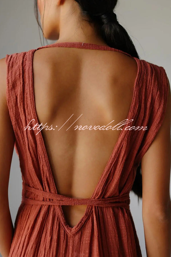 Resort Style V-neck Tie Pleated Casual Jumpsuit