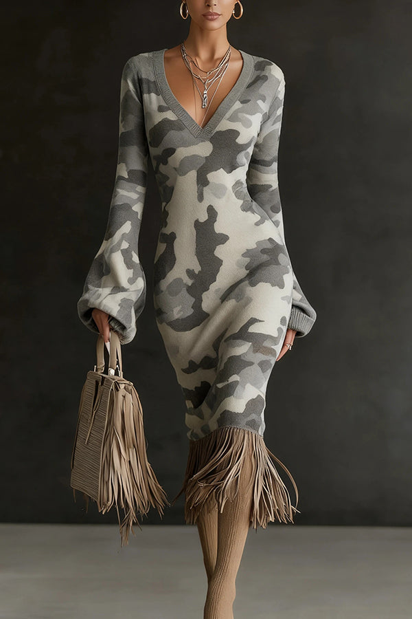 Unique Printed V-neck Long-sleeved Elegant Tassel Hem Midi Dress