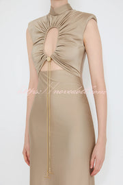 Genis Hollow Elastic Bust High Neck Sleeveless Gathered Maxi Dress