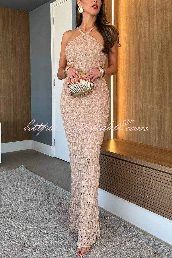 Solid Color Knitted Open Back Slim Slit Maxi Dress