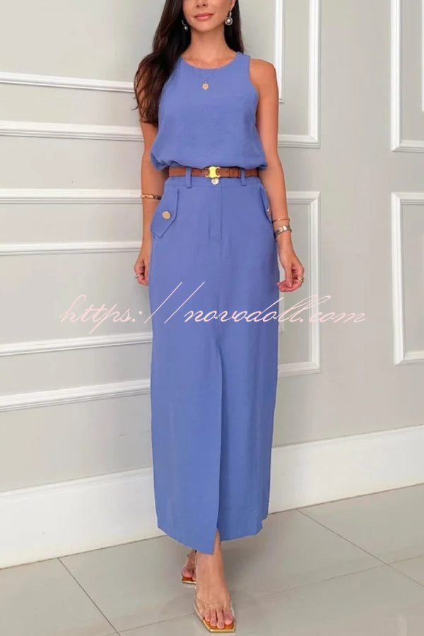 Office Lady Sleeveless Crewneck Top and Metal Button Pocket Slit Midi Skirt Set