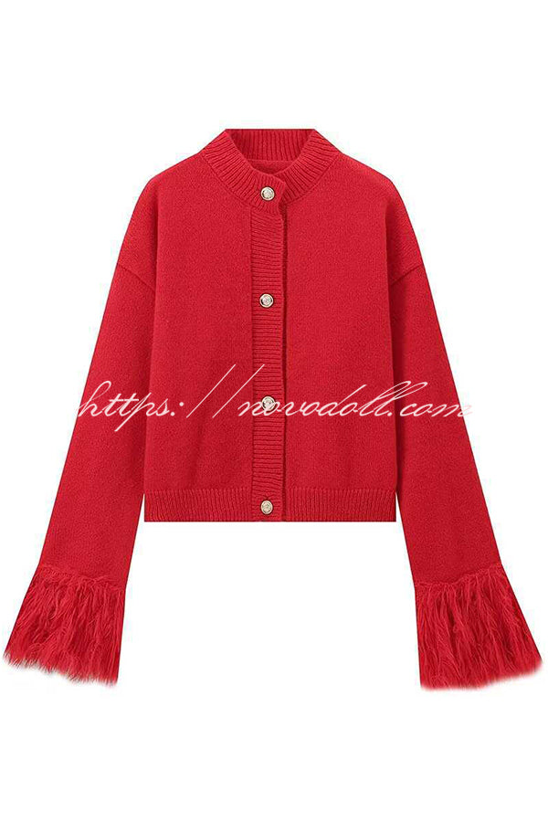 Solid Color Elegant Feather Long Sleeve Casual Knitted Cardigan