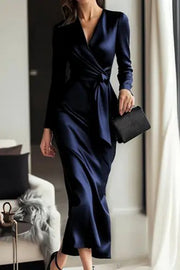 Solid Color Satin V-neck Long Sleeve Waist Tie Slim Midi Dress