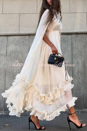 Fashionable V-neck Lace-up Ruffled Double-layer Hem Maxi Dress