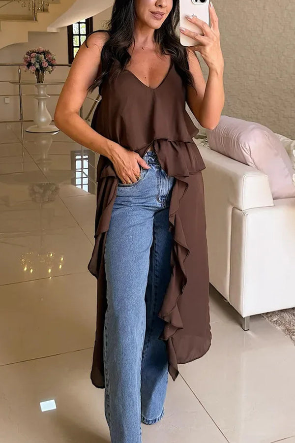 Solid Color V-neck Ruffled Irregular Loose Top