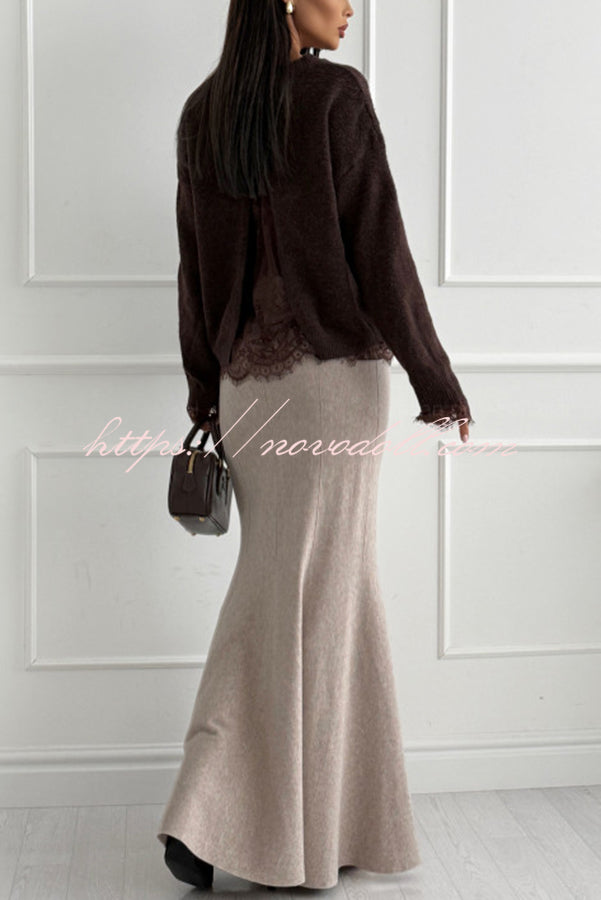 Caitlin Knit Lace Trim Patchwork Long Sleeve Back Slit Relaxed Sweater