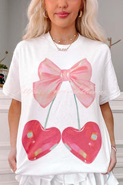 Cherry Bow Print Loose Casual Short Sleeve T-shirt