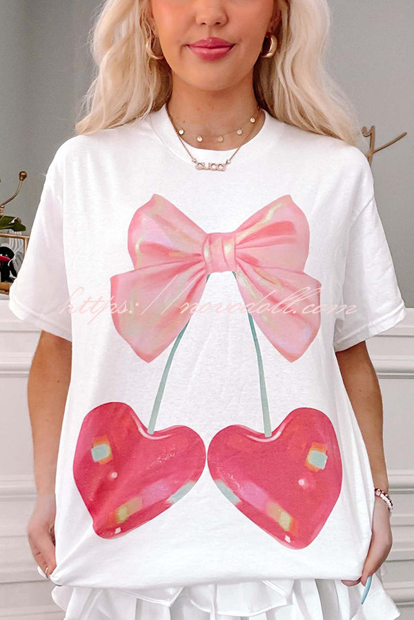Cherry Bow Print Loose Casual Short Sleeve T-shirt