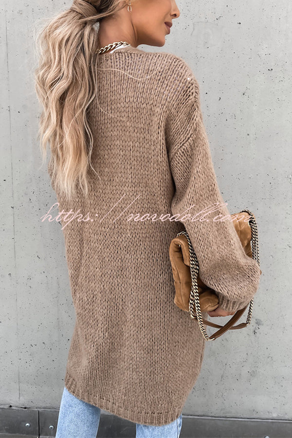 Solid Color V-neck Knitted Long-sleeved Oversized Midi Cardigan