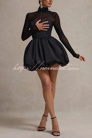 Elegant Mesh High Neck Long Sleeve Puff Hem Slim Sexy Mini Dress