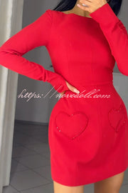 Anna Sparkling Gemstone Trim Heart Pocket Long Sleeve Mini Dress